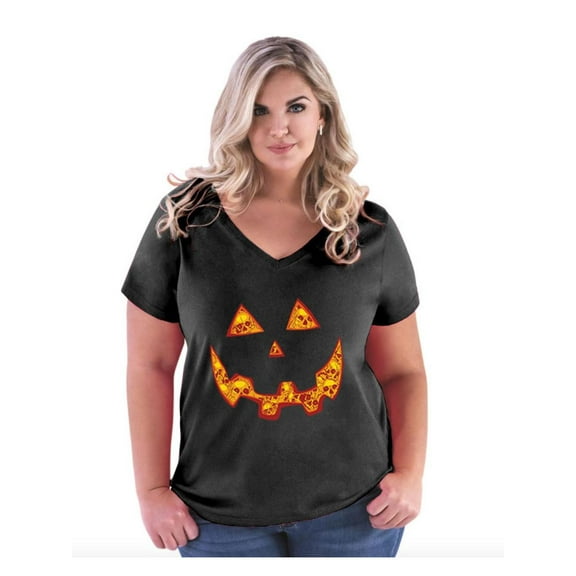 IWPF - Women's Plus Size V-neck T-Shirt - Halloween Costume Pumpkin Face