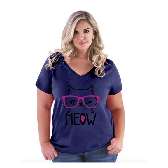 Women's Plus Size V-neck T-Shirt - Meow Cute Cat Kitty