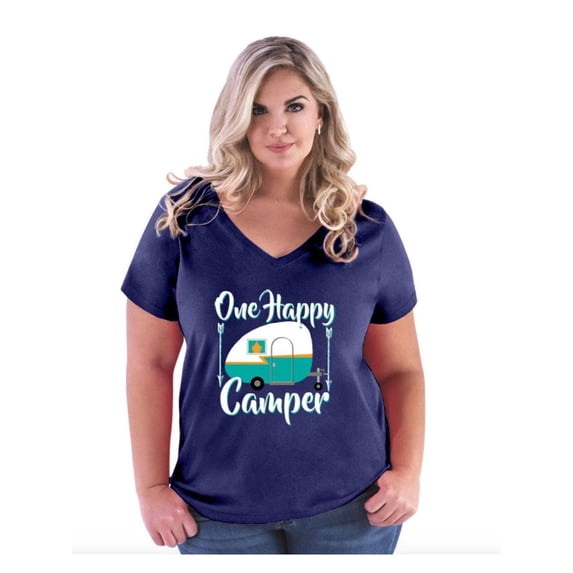 Women's Plus Size V-neck T-Shirt - ONE HAPPY CAMPER