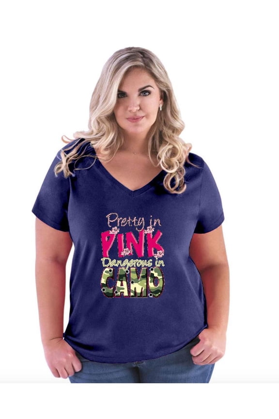 Women's Plus Size V-neck T-Shirt - Pretty in Pink Dangerous in Camo