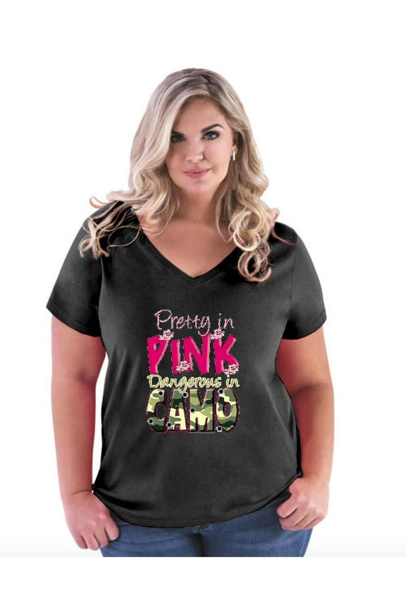 Women's Plus Size V-neck T-Shirt - Pretty in Pink Dangerous in Camo