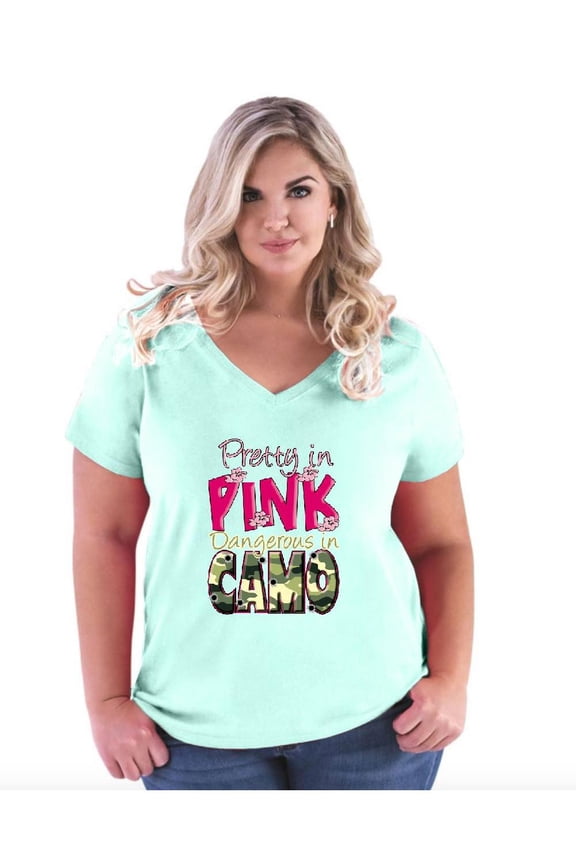 Women's Plus Size V-neck T-Shirt - Pretty in Pink Dangerous in Camo