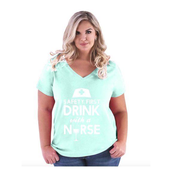 Women's Plus Size V-neck T-Shirt - Safety First With A Nurse