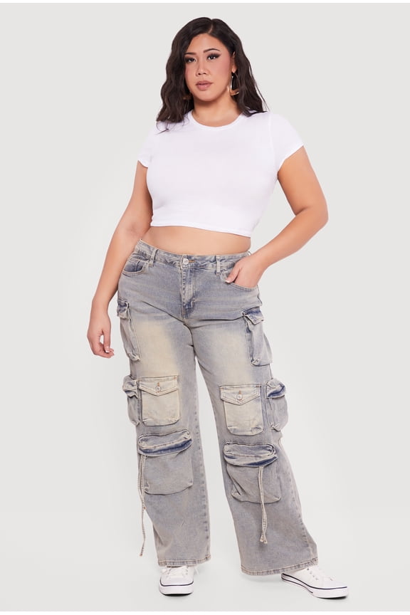 Women's Plus Size VIP Acid Wash High Waisted Utility Jeans