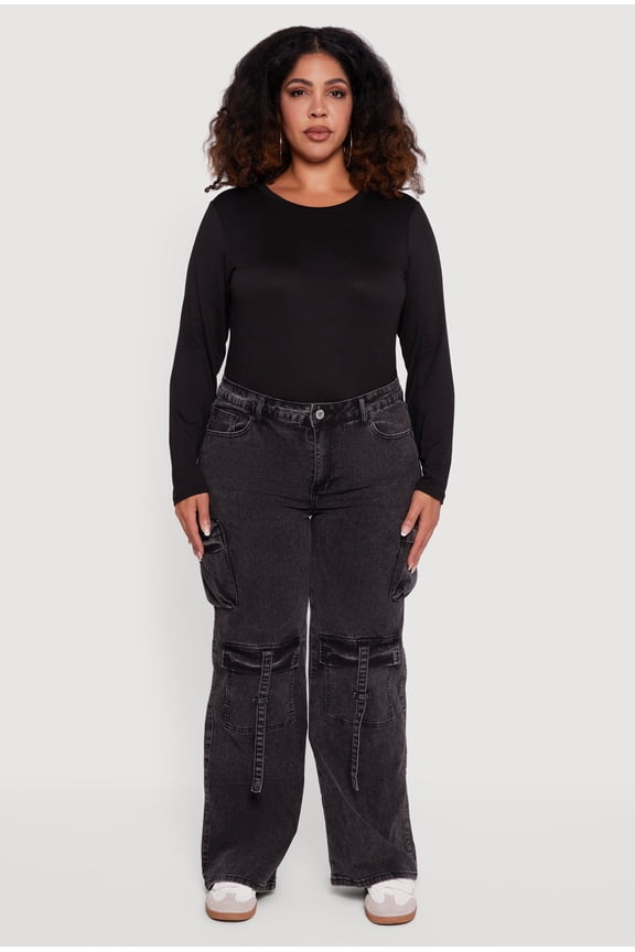 Women's Plus Size VIP Acid Wash Strap Cargo Jeans