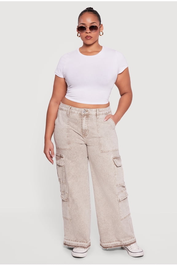 Women's Plus Size VIP Mineral Wash Raw Hem Cargo Jeans