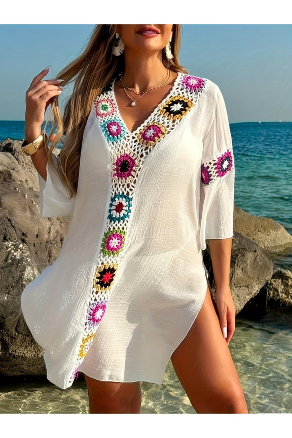 Women's Plus Size Vacation Casual Bohemian Handmade Crochet Knitted Patchwork V-Neck Loose Flowy Bell Sleeve 0 Long Sleeve Straight Dress Cover-Up Beach Dress
