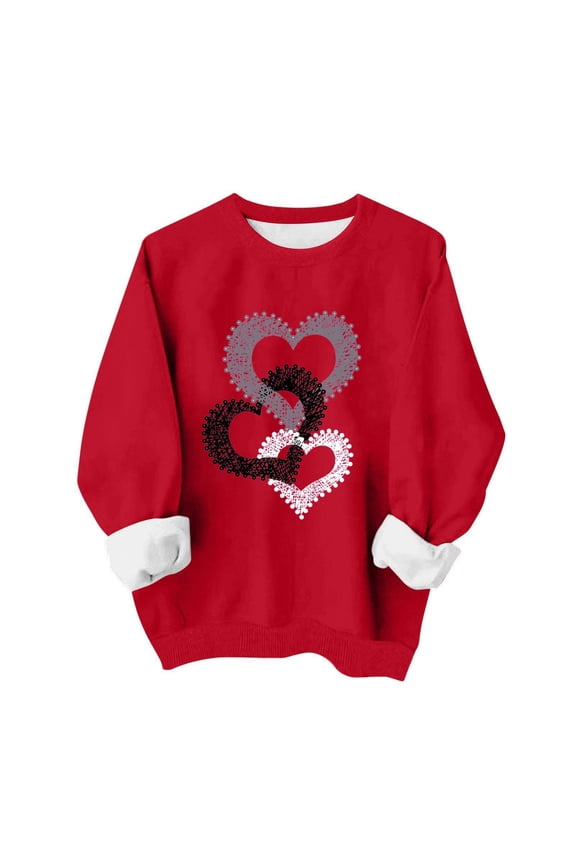 Women's Plus-Size Valentine's Day Red Heart Print Sweatshirt - Oversized Crewneck Long-Sleeve Casual Top, Timeless Romantic Red Holiday Pullover for Daily & Festive Wear