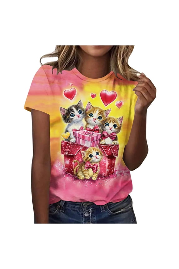 Women's Plus Size Valentine's Day T-Shirt Cute Cat Printed Short Sleeve Graphic Tee Festive Casual Top,L,D