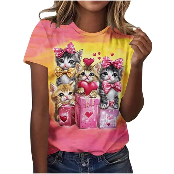 Women's Plus Size Valentine's Day T-Shirt Cute Cat Printed Short Sleeve Graphic Tee Festive Casual Top,M,A