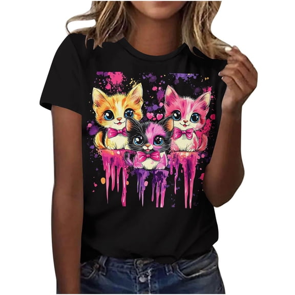 Women's Plus Size Valentine's Day T-Shirt Cute Cat Printed Short Sleeve Graphic Tee Festive Casual Top,M,E