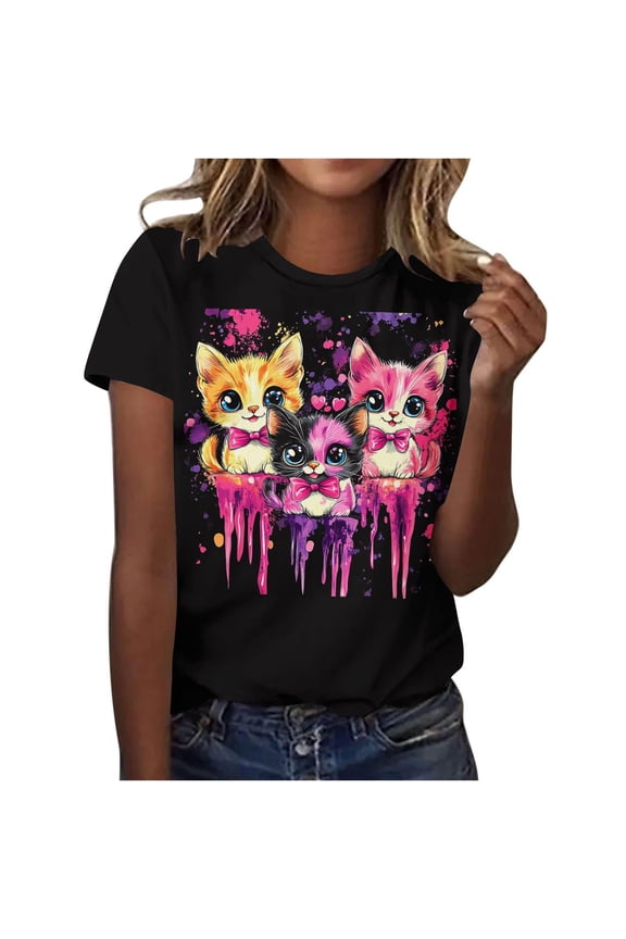 APEXFWDT Women's Plus Size Cute Cat Printed T-Shirt Short Sleeve Graphic Tee Casual Summer Top