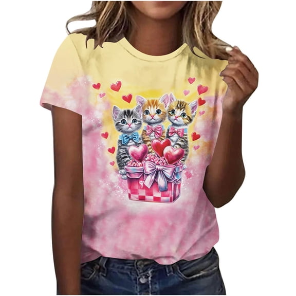 Women's Plus Size Valentine's Day T-Shirt Cute Cat Printed Short Sleeve Graphic Tee Festive Casual Top,XXXXL,C