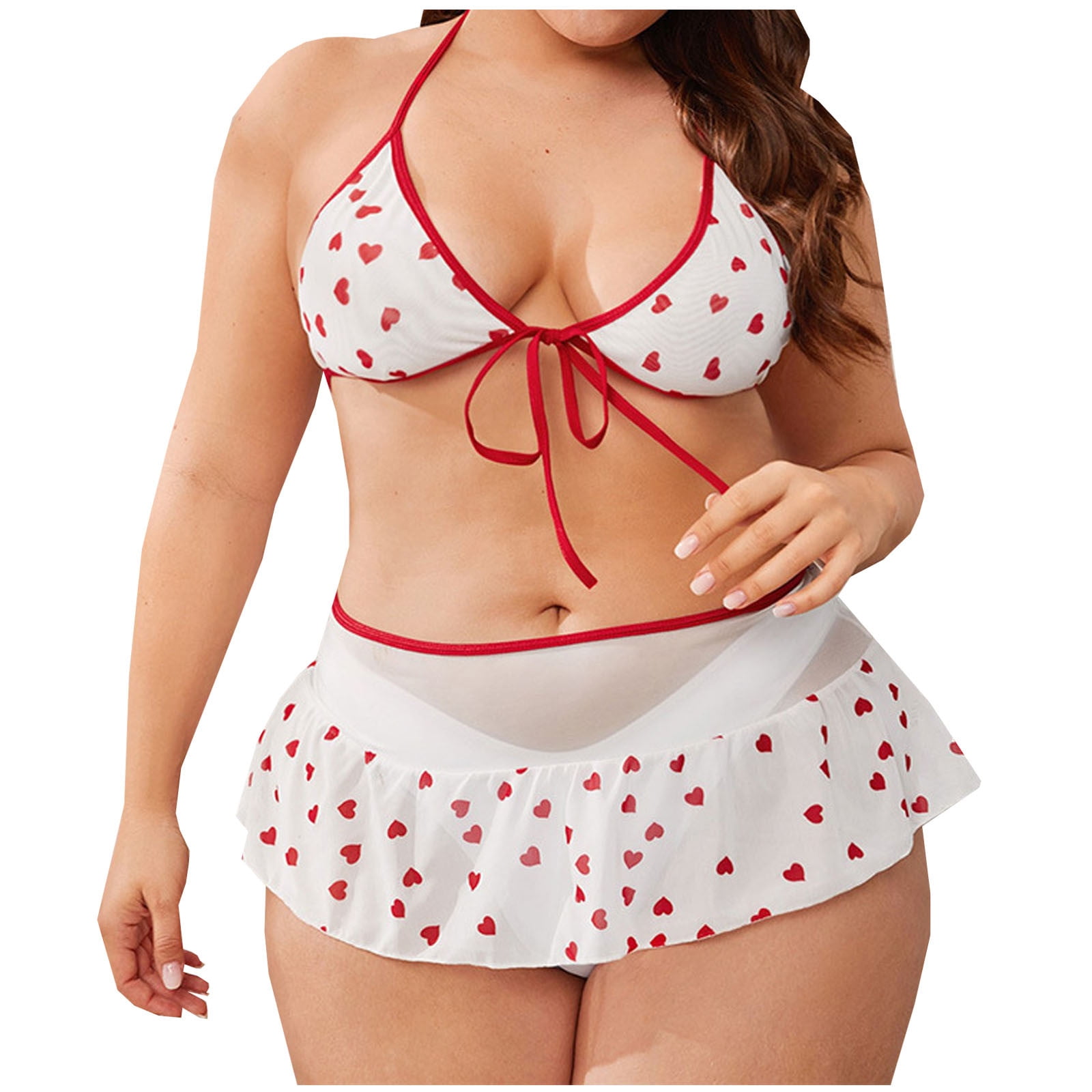 Women's Plus Size Valentines Day Lingerie Set Naughty Heart Print Bra and  Mini Skirt Bikini Nightwear for Sex