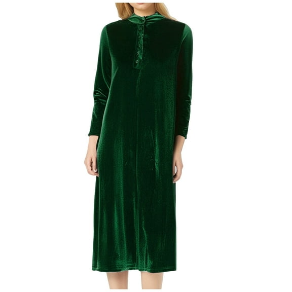 Women's Plus Size Velvet Long Dress Long Sleeve Crew-Neck Button Down Dresses Casual Solid Loose Long Dress