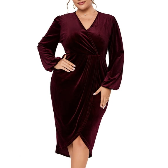 Women's Plus Size Velvet Long Sleeve V Neck Bodycon Ruched Wrap Casual Party Cocktail Dresses, Wine Red - 4XL