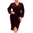 thumbnail image 1 of Women's Plus Size Velvet Long Sleeve V Neck Bodycon Ruched Wrap Casual Party Cocktail Dresses, 1 of 1