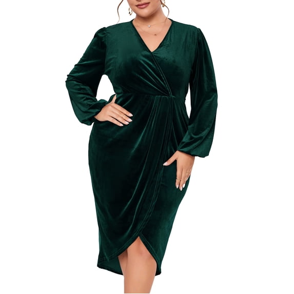 Women's Plus Size Velvet Long Sleeve V Neck Bodycon Ruched Wrap Casual Party Cocktail Dresses