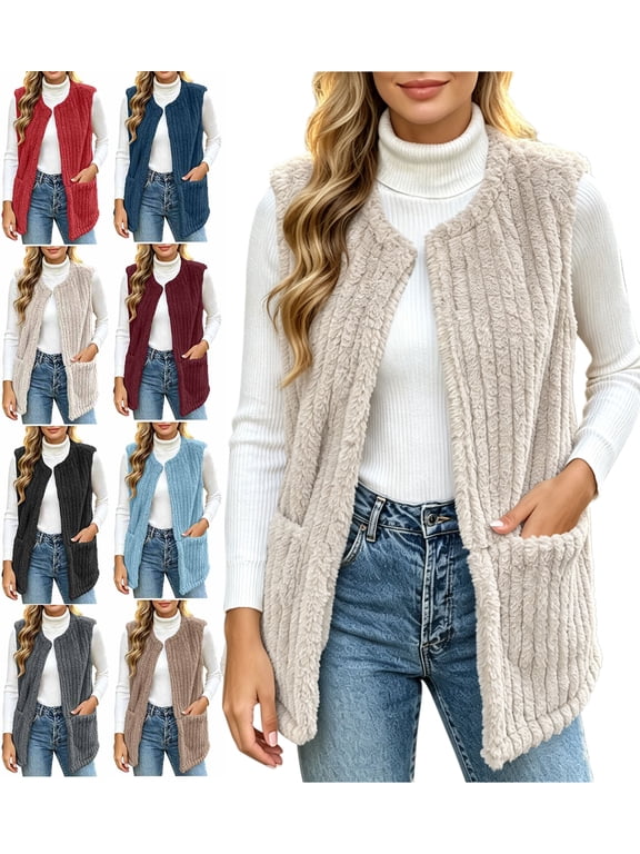 Women's Plus Size Vest Fleece Hoodless Sleeveless Warm Casual Vest with Pockets for Outdoor & Casual