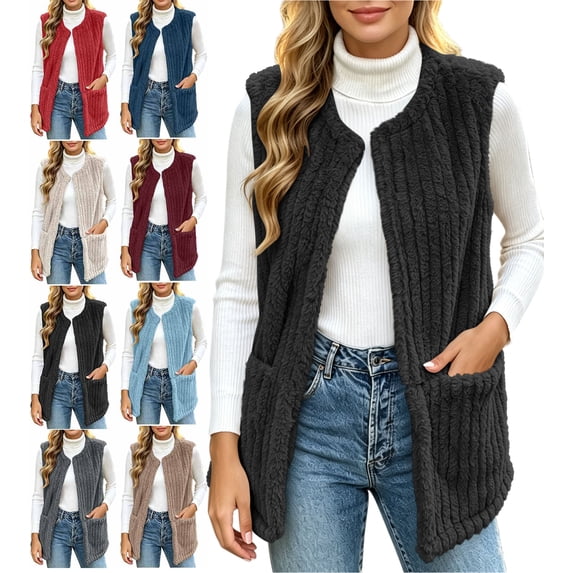 Women's Plus Size Vest Fleece Loose Fit Hoodless Sleeveless Casual Vest with Pockets for Layering & Daily Wear