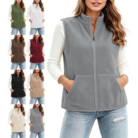 Women's Plus Size Vest Hoodless Pockets Fleece Sleeveless Warm Vest, Cozy Outerwear Jacket for Fall & Winter