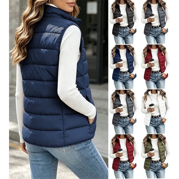 Women's Plus Size Vest Puffer Stand Collar Zip Up Sleeveless Casual Vest with Pockets, Warm Outerwear Top for Fall & Winter