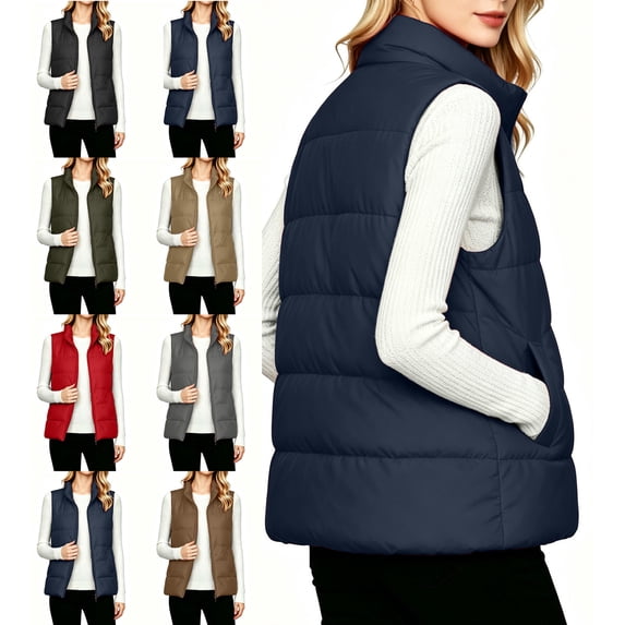 Women's Plus Size Vest Sleeveless Puffer Pockets Zip Up Casual Vest for Outdoor & Casual
