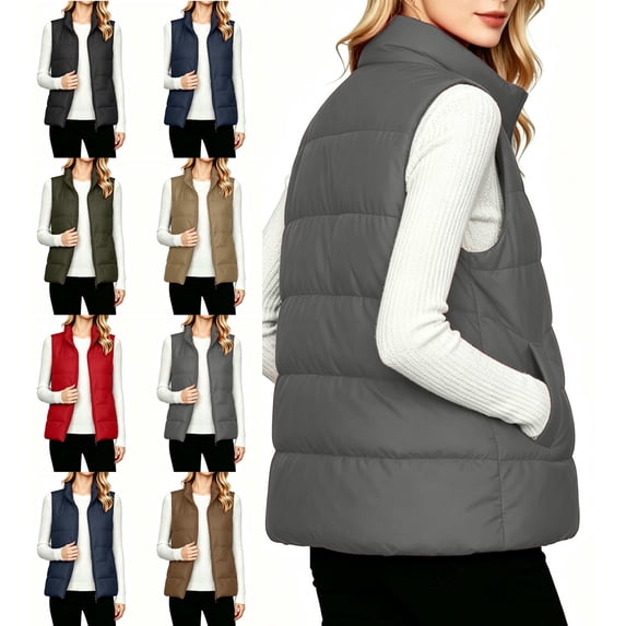 Women's Plus Size Vest Sleeveless Puffer Pockets Zip Up Casual Vest for Outdoor & Casual