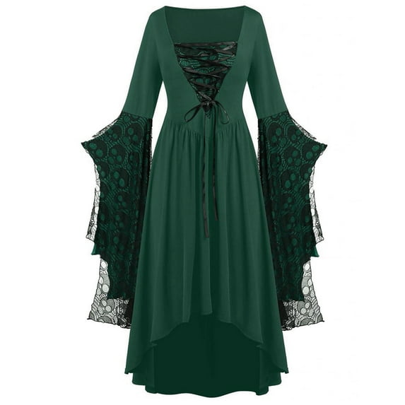 Women's Plus Size Vintage Dress Lace Print Strap Gown Long Sleeve V-Neck Knee Length Dress Dark Mid Calf Dress
