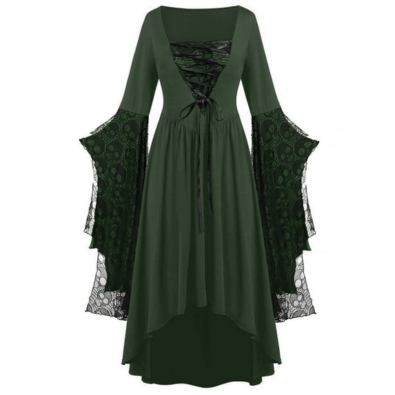 Women's Plus Size Vintage Dress Lace Print Strap Gown Long Sleeve V-Neck Knee Length Dress Dark Mid Calf Dress