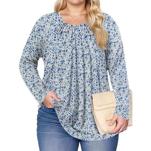Women's Plus Size Vintage Printed Long-Sleeve Top - Light Blue, Pleated Detail, 4XL Plus Size, Casual Style, Daily Wear, Size XXXXL