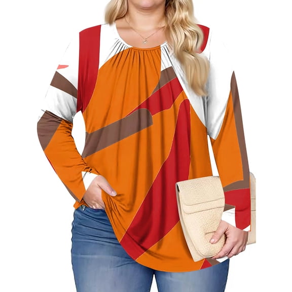 Women's Plus Size Vintage Printed Long-Sleeve Top - Orange-Yellow, Pleated Round Neck, 5XL Plus Size, Fashion Casual, Size XXXXXL