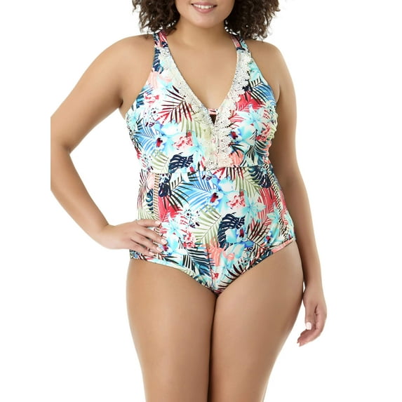 Women's Plus-Size Vintage Tropics Lace V-Neck One-Piece Swimsuit