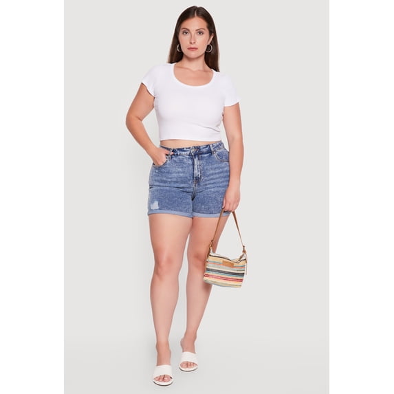 Women's Plus Size WAX Acid Wash Distressed Rolled Cuffed Shorts