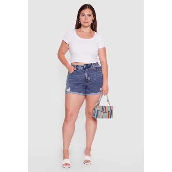 Women's Plus Size WAX Acid Wash Distressed Rolled Cuffed Shorts