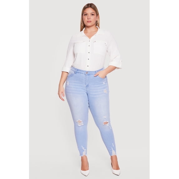 Women's Plus Size WAX Distressed Frayed Hem Skinny Jeans