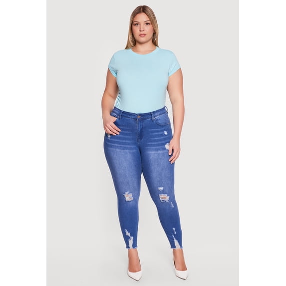 Women's Plus Size WAX Distressed Frayed Hem Skinny Jeans