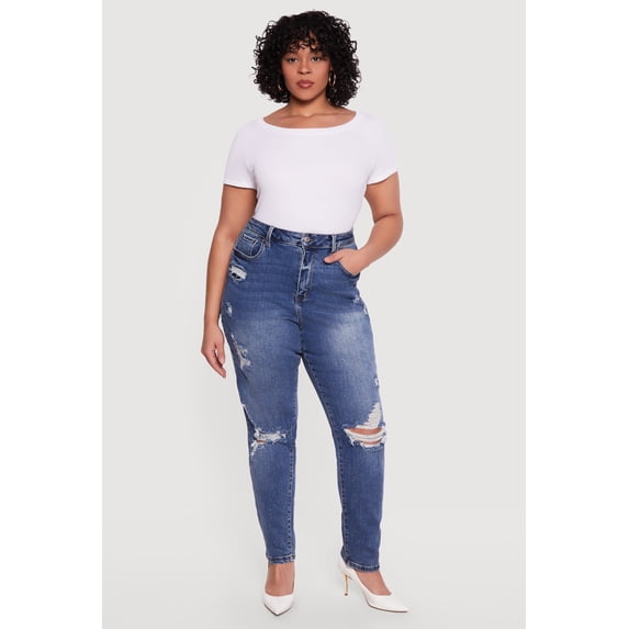 Women's Plus Size WAX Distressed Mom Jeans