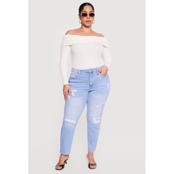 Women's Plus Size WAX High Waisted Distressed Mom Jeans