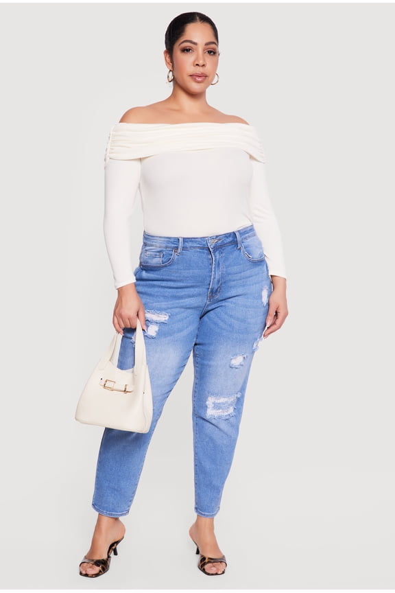 Women's Plus Size WAX High Waisted Distressed Mom Jeans