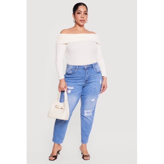 Women's Plus Size WAX High Waisted Distressed Mom Jeans