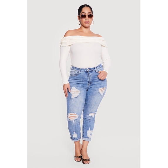 Women's Plus Size WAX Rolled Cuff Distressed Jeans
