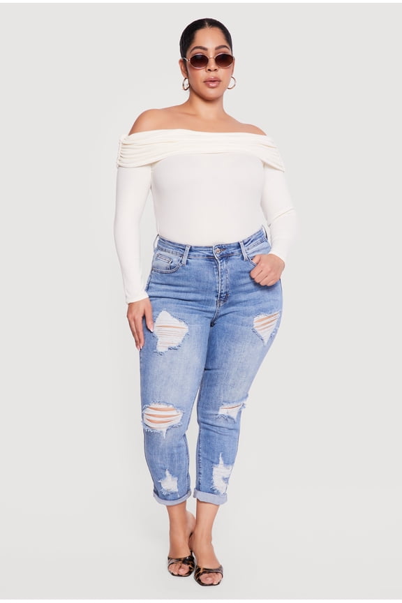 Women's Plus Size WAX Rolled Cuff Distressed Jeans