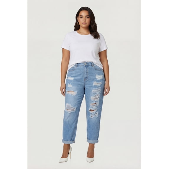 Women's Plus Size WAX Rolled Cuff Distressed Mom Jeans