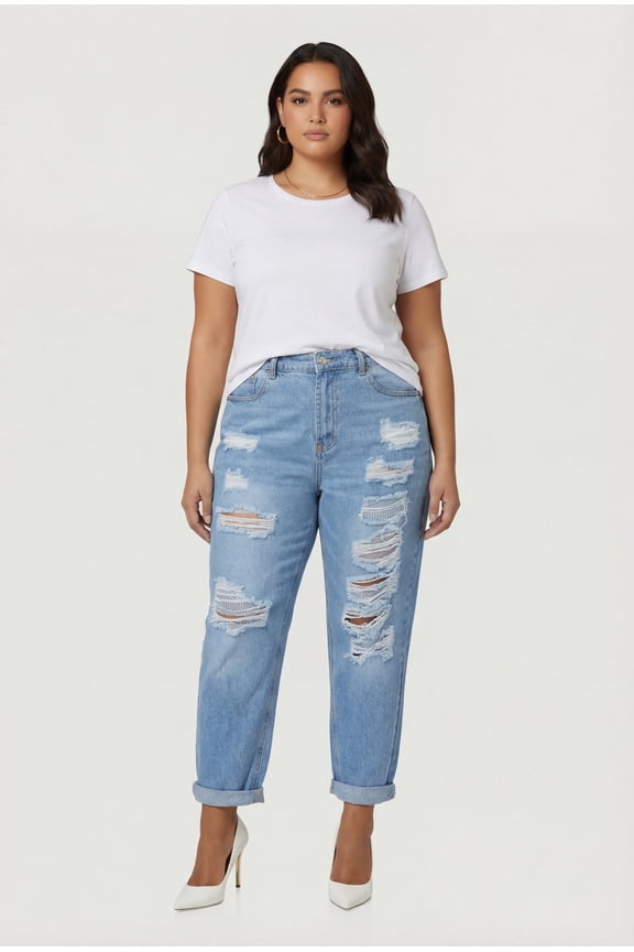 Women's Plus Size WAX Rolled Cuff Distressed Mom Jeans