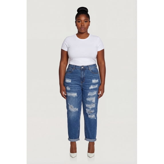 Women's Plus Size WAX Rolled Cuff Distressed Mom Jeans