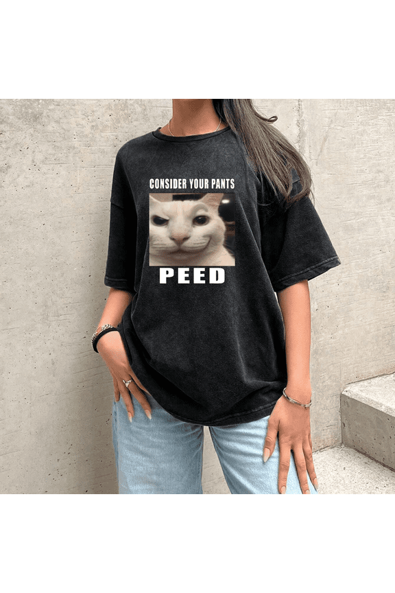 Women's Plus Size Washed Meme Cat Graphic Tee S-5XL Humorous Casual T-Shirt Top