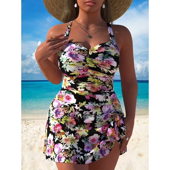 Women's Plus Size Watercolor Floral Print Halter Skirted One-Piece Swimsuit