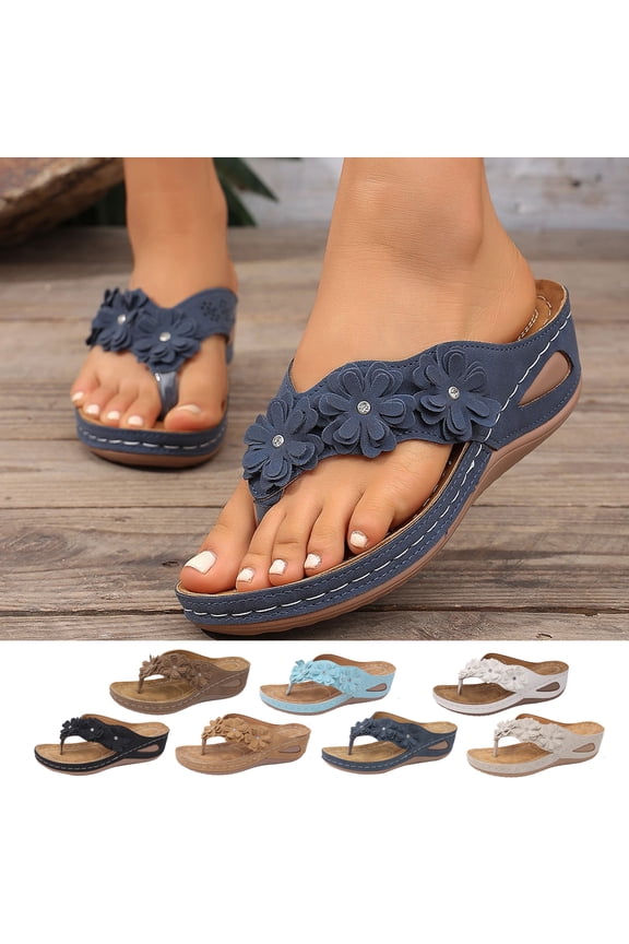 Women's Plus Size Wedge Sandals Casual Floral Thong Flip Flops Slippers for Spring and Summer, Dark Blue