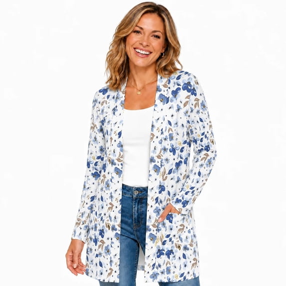 Women's Plus Size White Blue Floral Cardigan, Long Sleeve Open Front Tunic with Pockets